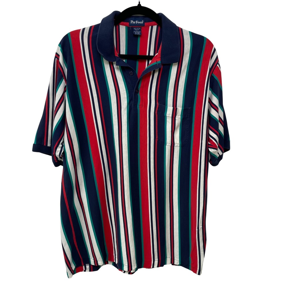 Vtg 90s Par Four Golf Polo Shirt Red Blue White Vertical Stripe Cotton L Grandpa